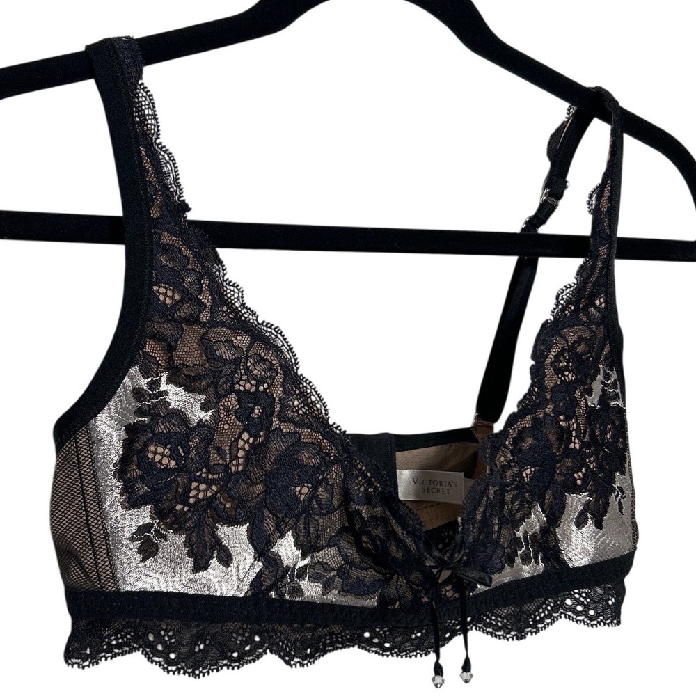 Victorias Secret Black Lace Unlined Balconette Bra‎ Crystal Bow Detail Sz Medium